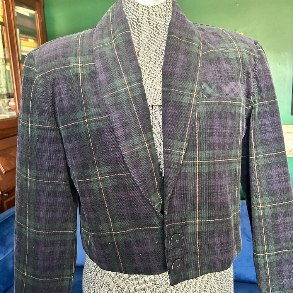 Cropped Vintage Plaid Blazer with Shoulder Pads